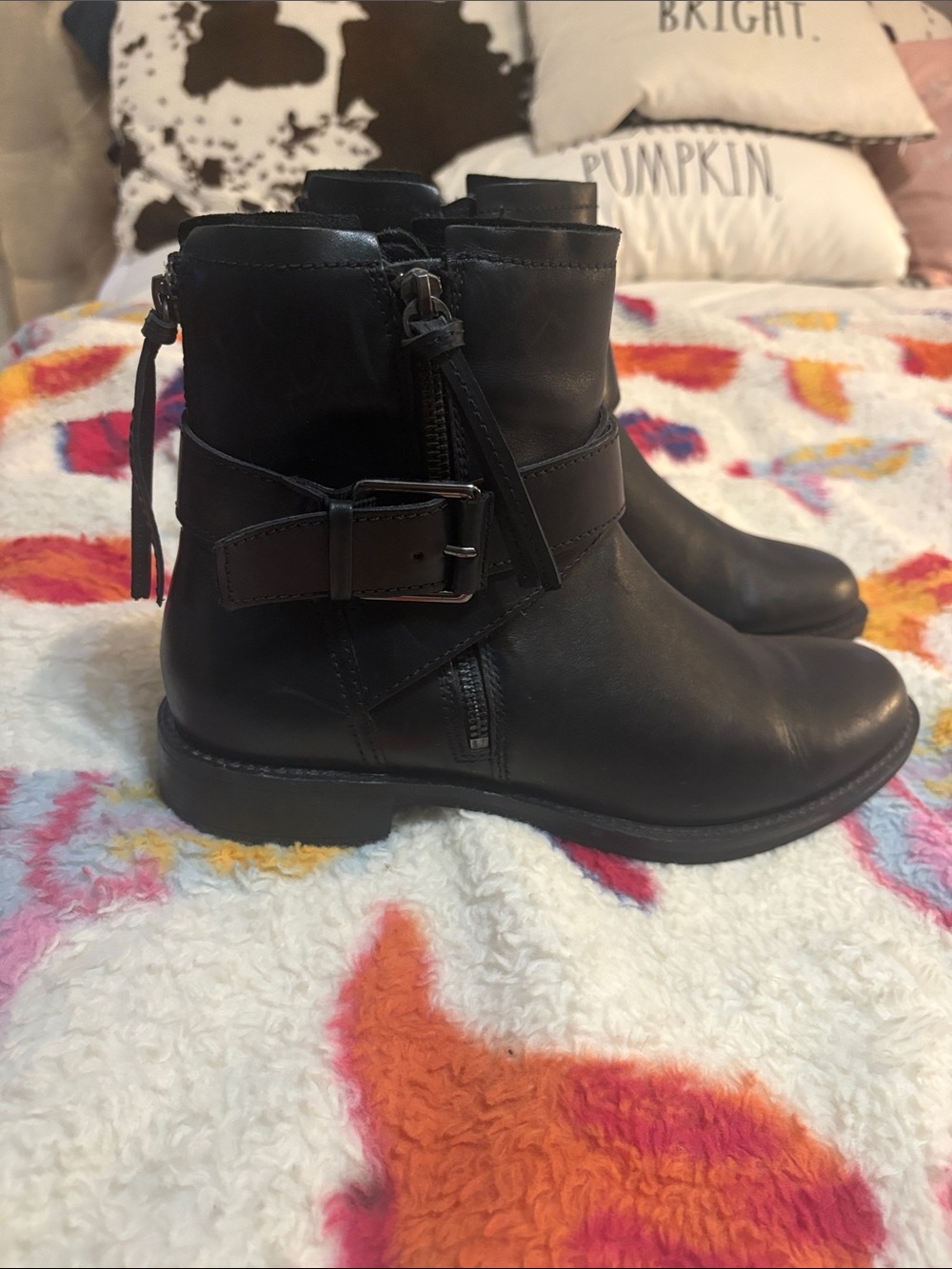 Ecco Black Leather Ankle Boots with Buckle and Tassel Zipper
